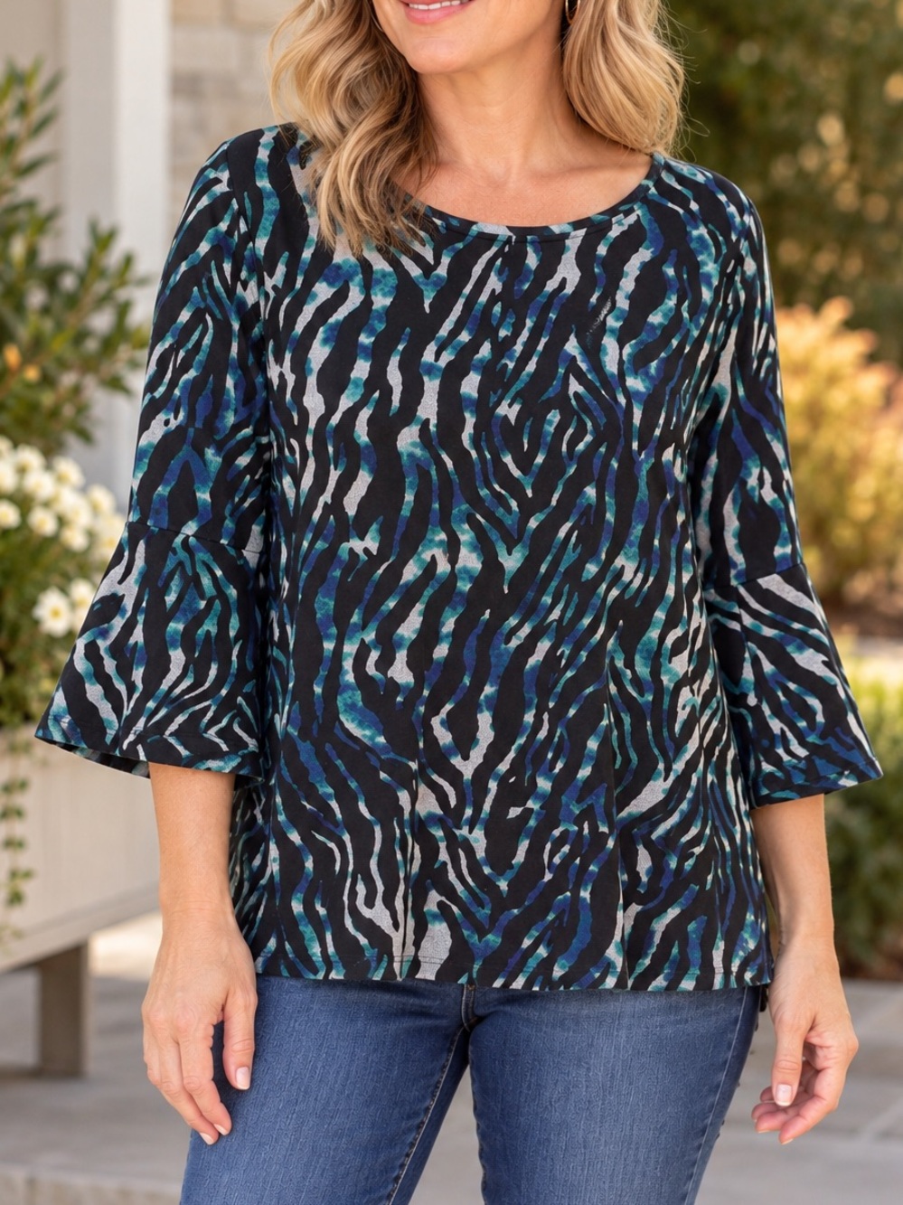 Orientique Naturally Australian Abstract Animal Print Bell Sleeve Top Size Med